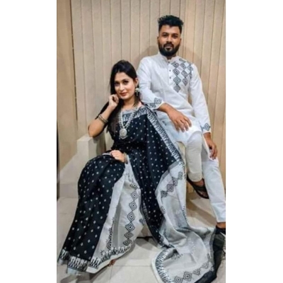 Picture of Black Color Block Print Half Silk Saree and Dupaiyan Panjabi couple Dress for Men and women