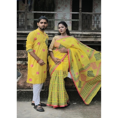 Picture of Yellow Half Silk Saree and Dupaiyan Panjabi couple Dress for Men and women - Black