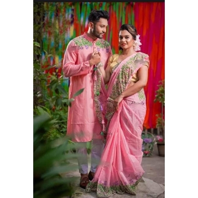 Picture of Pink Color Hand Print Half Silk Saree and Dupaiyan Panjabi couple Dress for Men and women