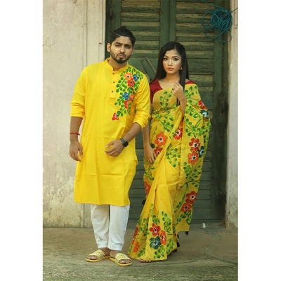 Picture of Yellow Color Block Print Pink Half Silk Saree and Dupaiyan Panjabi couple Dress for Men and women - Yellow
