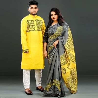 Picture of Yellow Color Block Print Dupion Saree and Dupaiyan Panjabi couple Dress for Men and women