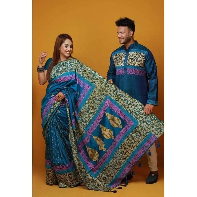 Picture of Blue Green Color Block Print Half Silk Saree and Dupaiyan Panjabi couple Dress for Men and women