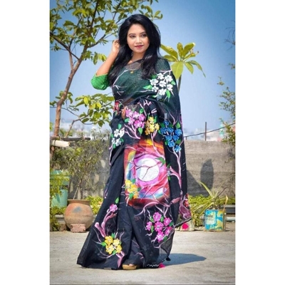 Picture of Hand Print Saree Black Color Collection Fashionable Stylish and Comfortable, Half Silk Saree For Women