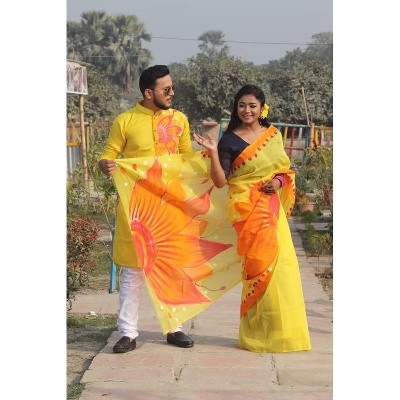 Picture of Yellow Hand Print Half Silk Saree and Dupaiyan Panjabi couple Dress for Men and women - Red