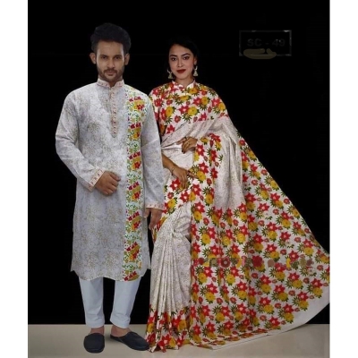 Picture of Block Print Pink Half Silk Saree and Dupaiyan Panjabi couple Dress for Men and women - Roast