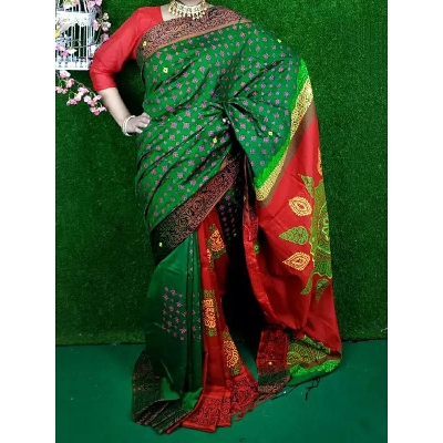 Picture of Block Print Black and Green Saree New Collection Fashionable Stylish and Comfortable, Half Silk Saree For Women