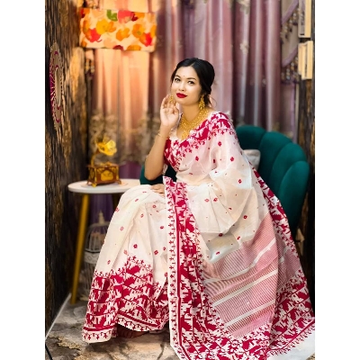 Picture of Screen Print Saree White Color Collection Fashionable Stylish and Comfortable, Half Silk Saree For Women - Red