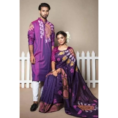 Picture of Purple Block Print Reshmi Silk Saree and Dupaiyan Panjabi couple Dress for Men and women