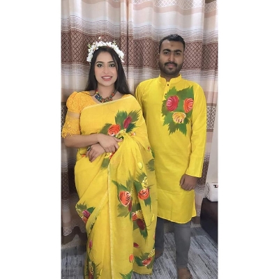 Picture of Yellow Hand Print Half Silk Saree and Dupaiyan Panjabi couple Dress for Men and women - Lemon