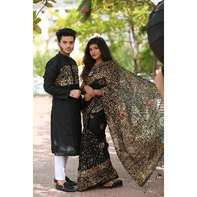 Picture of Black Block Print Half Silk Saree and Dupaiyan Panjabi couple Dress for Men and women
