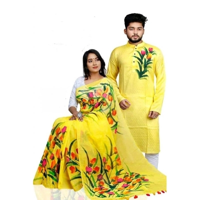 Picture of Yellow Hand Print Half Silk Saree and Dupaiyan Panjabi couple Dress for Men and women