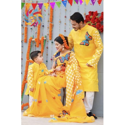 Picture of Family Set Block Print Yellow Color Saree and Panjabi for Men women and Son - Yellow