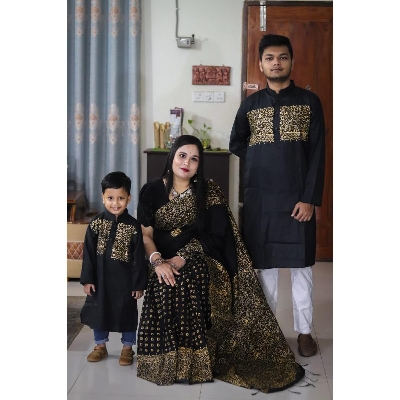 Picture of Versatile -Family Set Block Print Dhupian Silk Exclusive Couple Dress Deep Black Color Saree and Panjabi for Men women and Son- Avant-garde - Black