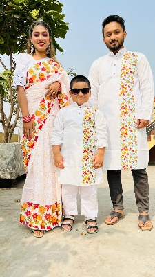 Picture of Family Set Block Print Dhupian Silk Exclusive Couple Dress White Color Saree and Panjabi for Men women and Son - White