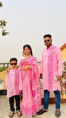 Picture of Family Set Block Print Pink Color Saree and Panjabi for Men women and Son - Pink