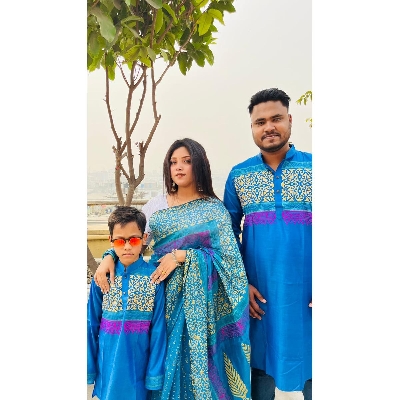Picture of Family Set Block Print Blue Color Saree and Panjabi for Men women and Son - Blue