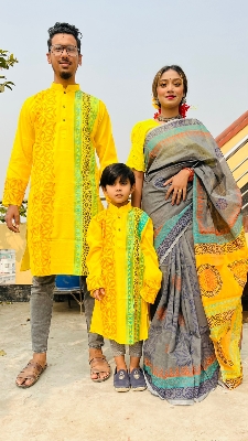 Picture of Understated Family Set Block Print Dhupian Silk Exclusive Couple Dress Deep Yellow Color Saree and Panjabi for Men women and Son Progressively Better - Yellow