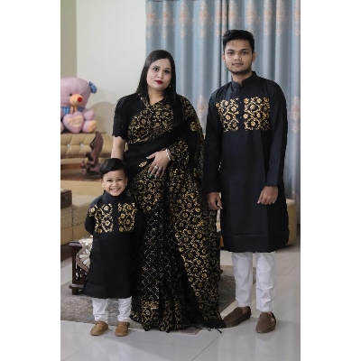 Picture of Versatile -Family Set Block Print Dhupian Silk Exclusive Couple Dress Deep Black Color Saree and Panjabi for Men women and Son- Avant-garde - Black