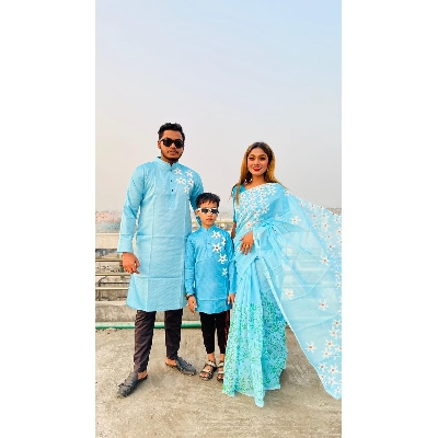 Picture of Family Set Block Print Dhupian Silk Exclusive Couple Dress Blue Color Saree and Panjabi for Men women and Son - Blue
