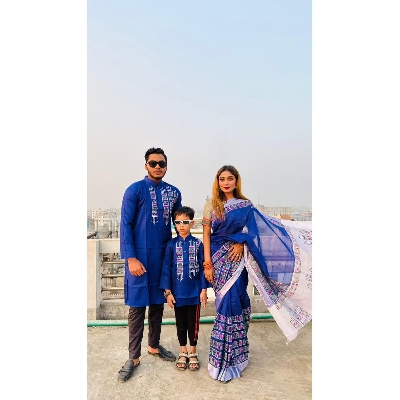 Picture of Family Set Block Print Dhupian Silk Exclusive Couple Dress Deep Blue Color Saree and Panjabi for Men women and Son - Blue