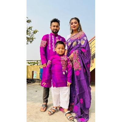 Picture of Versatile -Family Set Block Print Dhupian Silk Exclusive Couple Dress Purple Color Saree and Panjabi for Men women and Son- Avant-garde - Purple
