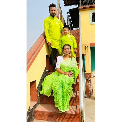 Picture of Family Set Block Print Dhupian Silk Exclusive Couple Dress Lemon Color Saree and Panjabi for Men women and Son - Lemon Yellow