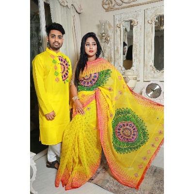 Picture of Couple Set Block Print Yellow Color Saree and Panjabi for Men women - Yellow