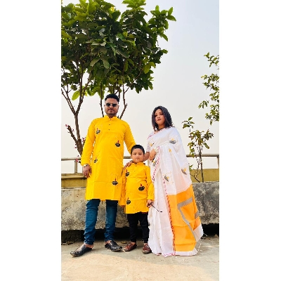 Picture of Trendsetter -Family Set Block Print Dhupian Silk Exclusive Couple Dress Deep Yellow Color Saree and Panjabi for Men women and Son- Inventive Choice - Yellow