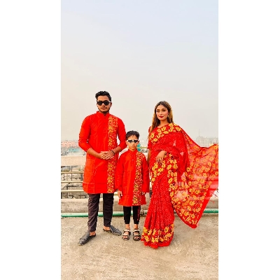 Picture of Understated -Family Set Block Print Dhupian Silk Exclusive Couple Dress Deep Red Color Saree and Panjabi for Men women and Son- Progressively Better - Red