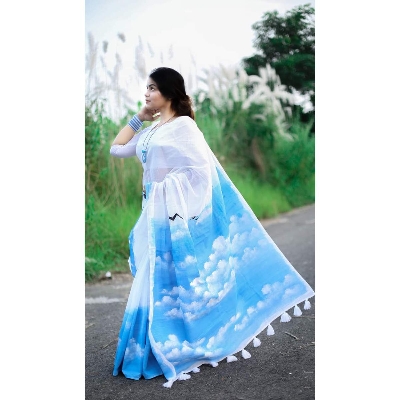 Picture of Hand Print Saree New Collection White Color Fashionable Stylish and Comfortable Traditional Clothing formal wear For Women - White
