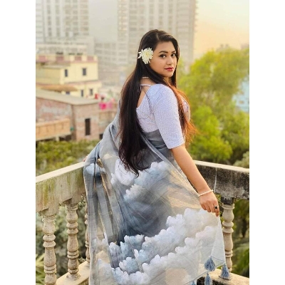 Picture of Hand Print Saree New Collection Ash Color Fashionable Stylish and Comfortable Traditional Clothing formal wear For Women - Light Ash