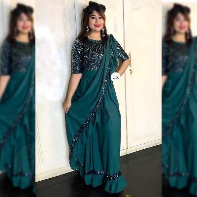 Picture of Readymade Western Saree summer fashion Green Color Tops and Skirt Saree, Women dress sense of niche temperament Dress for Girls - Green