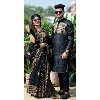 Picture of Understated -Family Set Block Print Dhupian Silk Exclusive Couple Dress Black Color Saree and Panjabi for Men women and Son- Progressively Better - Black