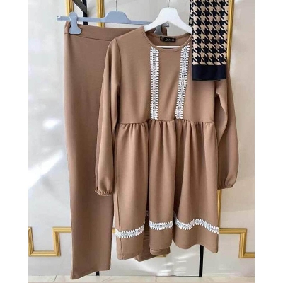 Picture of Western Fashion Ladis Stitched Brown Color Freal Tops and Pant Georgette  style dress for women - Brown