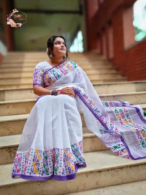 Picture of Screen Print Saree New Collection White Color Fashionable Stylish and Comfortable, Half Silk Sharee For Women - White