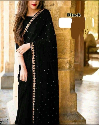 Picture of Exclusive Design Black Color Georgette Ston Work Boder Lace Saree With Matching Blouse pis for women - Black