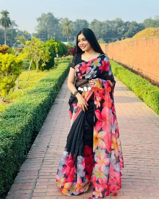 Picture of New Exclusive Design Black Color Chandini  Soft Silk Digital Print Saree for women - Black