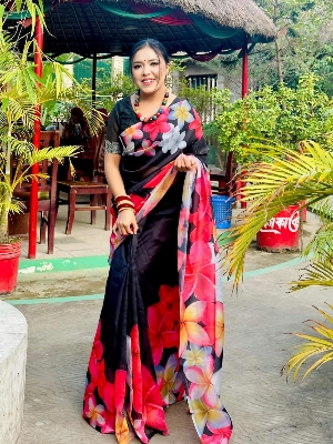 Picture of New Exclusive Design Black Color Chandini  Soft Silk Digital Print Saree for women - Black