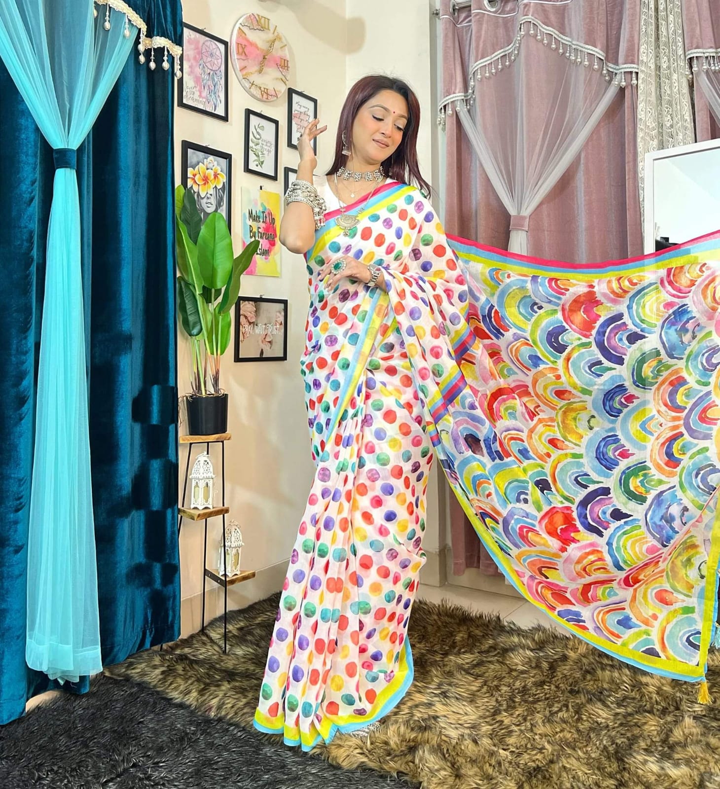 Picture of New Exclusive Design White Color Chandini  Soft Silk Digital Print Saree for women - White