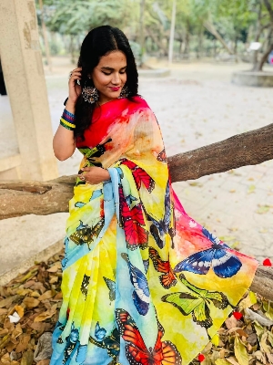 Picture of New Exclusive Design Yellow Color Chandini  Soft Silk Digital Print Saree for women - Yellow