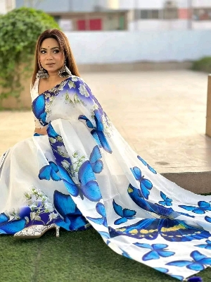 Picture of New Exclusive Design White Color Chandini  Soft Silk Digital Print Saree for women - White