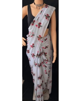 Picture of Exclusive Design White Color Georgette Printed Saree With Matching Blouse pis Set Dress for women - White