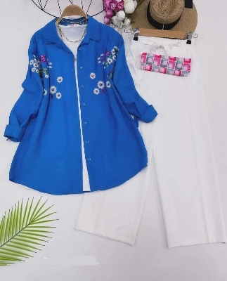 Picture of Western Fashion Ladis Stitched Blue Color Tops and Pant Double Georgette  style Kurti  dress for wome - Blue