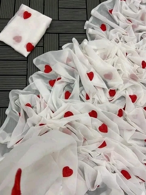 Picture of Exclusive Design white Color Georgette Embroidry work Saree With Matching Blouse pis for women - White