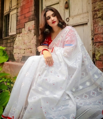 Picture of New Exclusive Design white Color Half Silk Digital Print Saree for women - White
