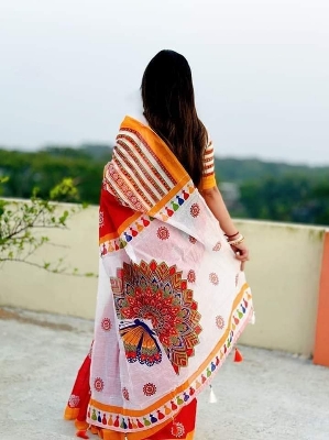 Picture of New Exclusive Design Red Color Half Silk screen Print Saree for women - Red