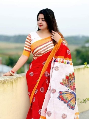 Picture of New Exclusive Design Red Color Half Silk screen Print Saree for women - Red