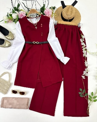 Picture of Western Fashion Ladis Stitched Maroon color Co-ord set Tops and Pant Vangchur Fabric dress for women - Maroon