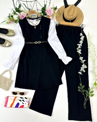 Picture of Western Fashion Ladis Stitched Black color Co-ord set Tops and Pant Vangchur Fabric dress for women - Black