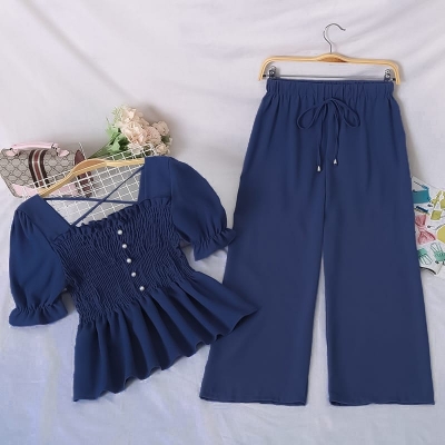 Picture of Western Fashion Ladis Stitched Blue Freal Tops and Pant Cherry Georgette  style Kurti  dress for women - Blue